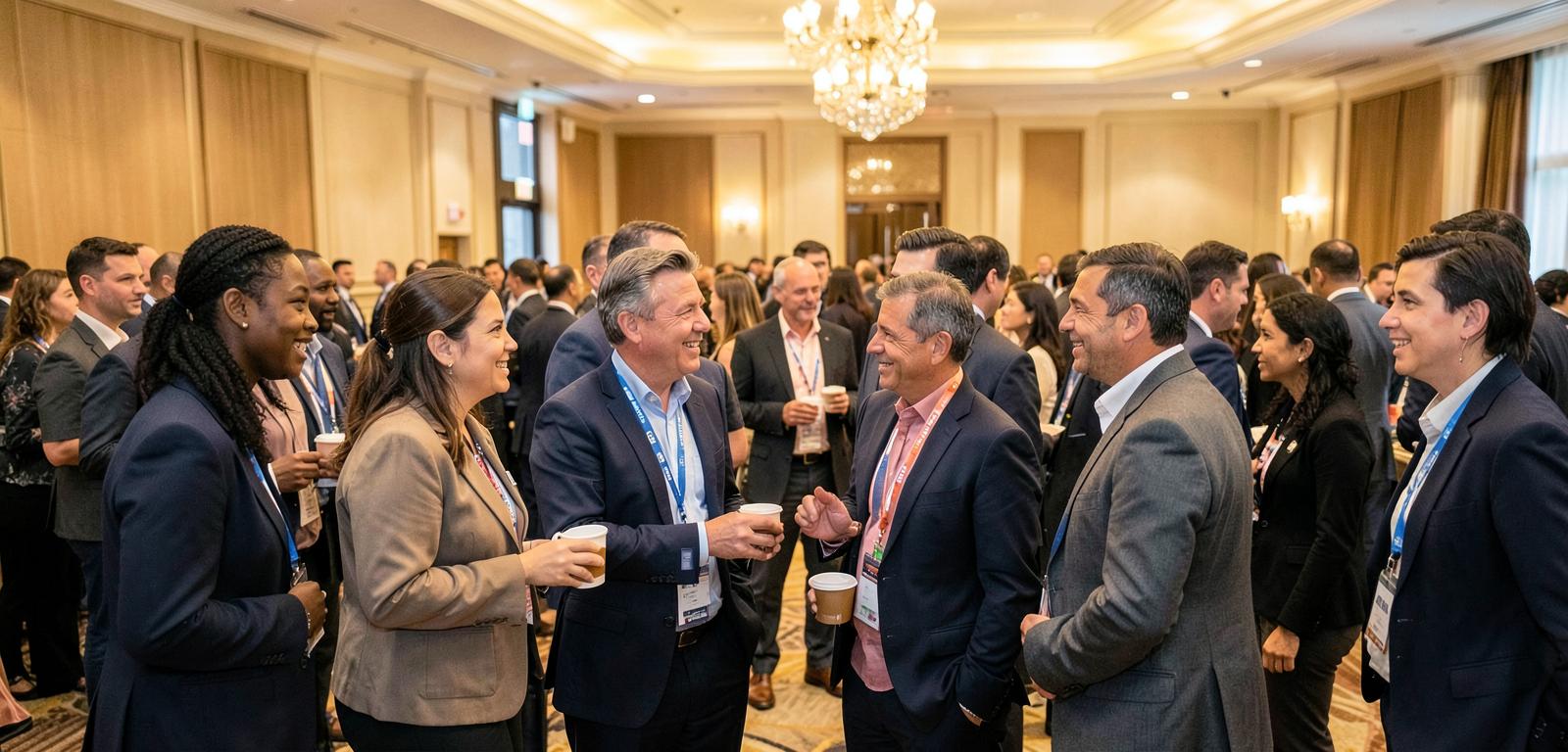 Conference attendees networking during a coffee break