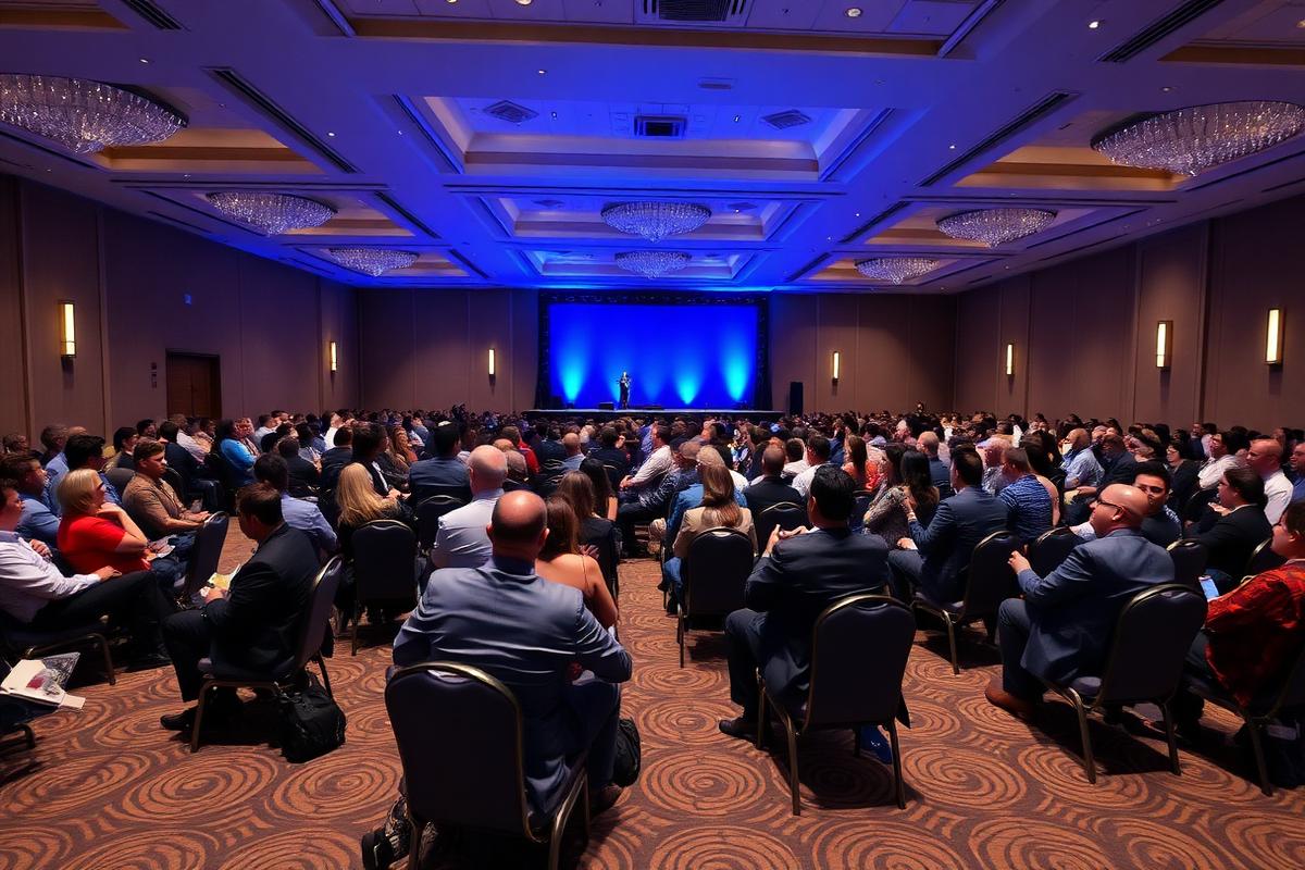 Conference attendees seated at round tables facing a lit stage in a hotel ballroom.