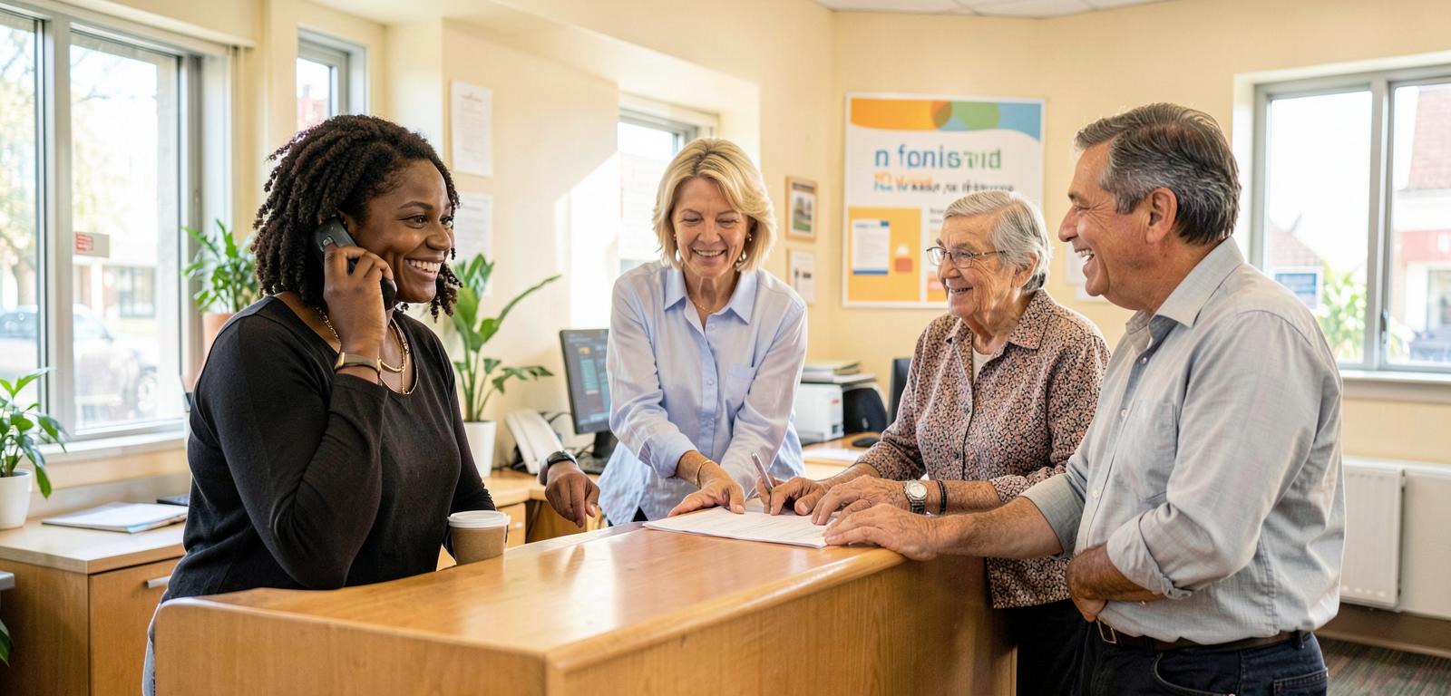 Friendly receptionist answering the phone at a community services desk