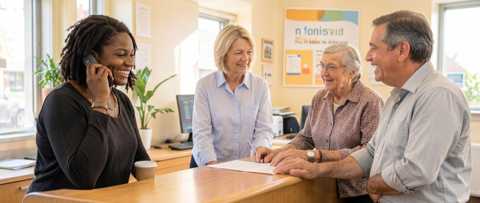 Friendly receptionist answering the phone at a community services desk