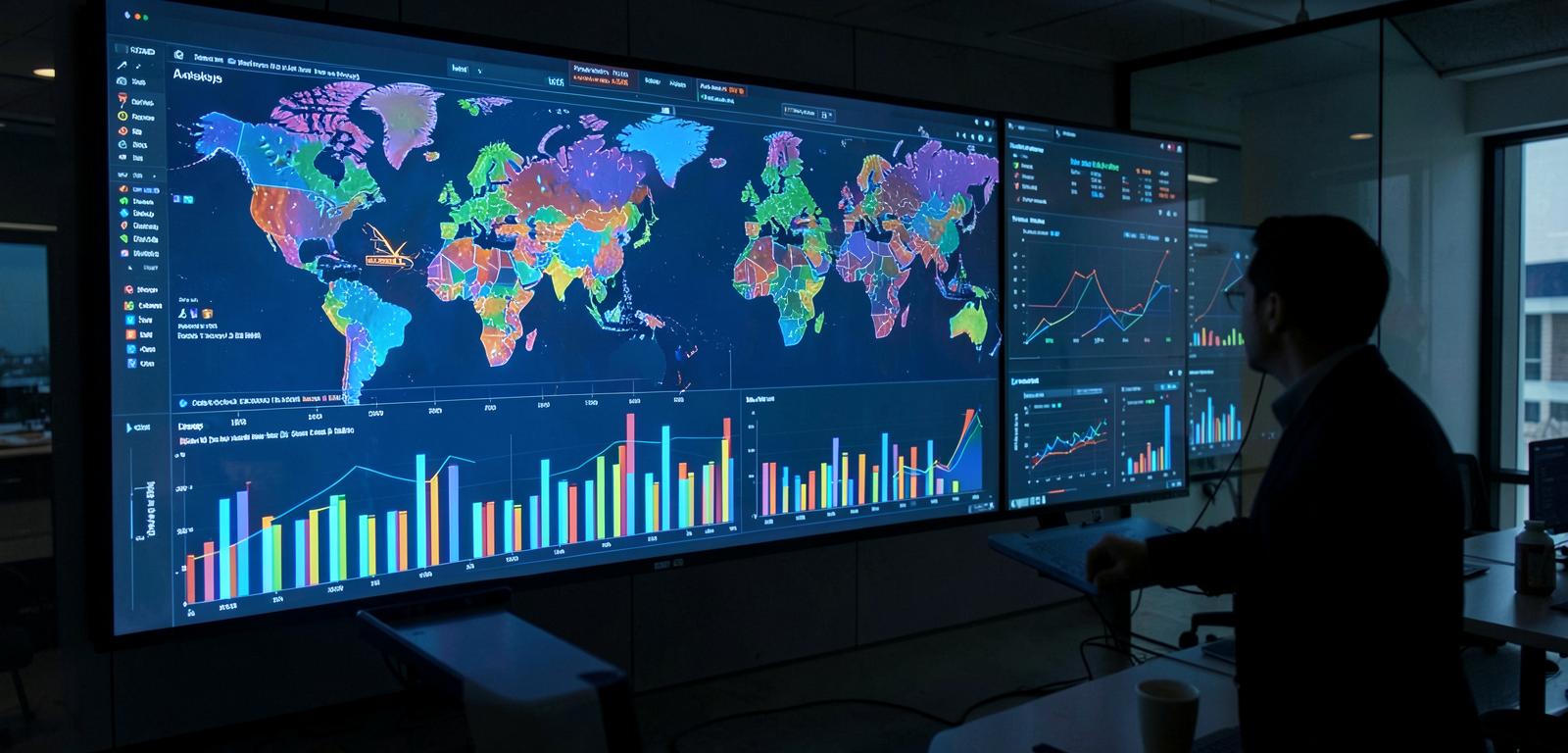 Glowing data dashboards and maps on office wall displays