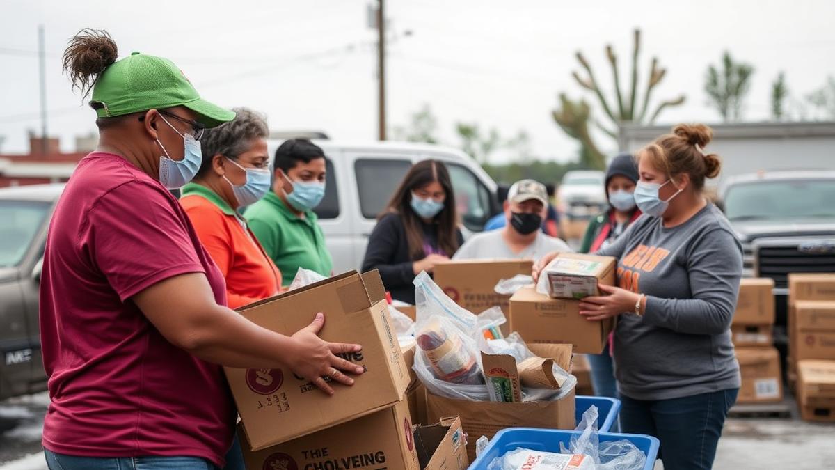 Volunteers distributing emergency supplies at a relief site