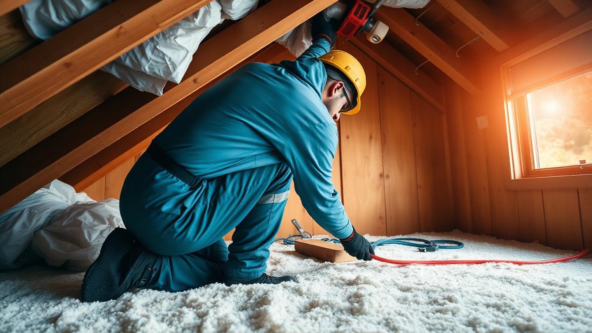 Weatherization crew member installing attic insulation