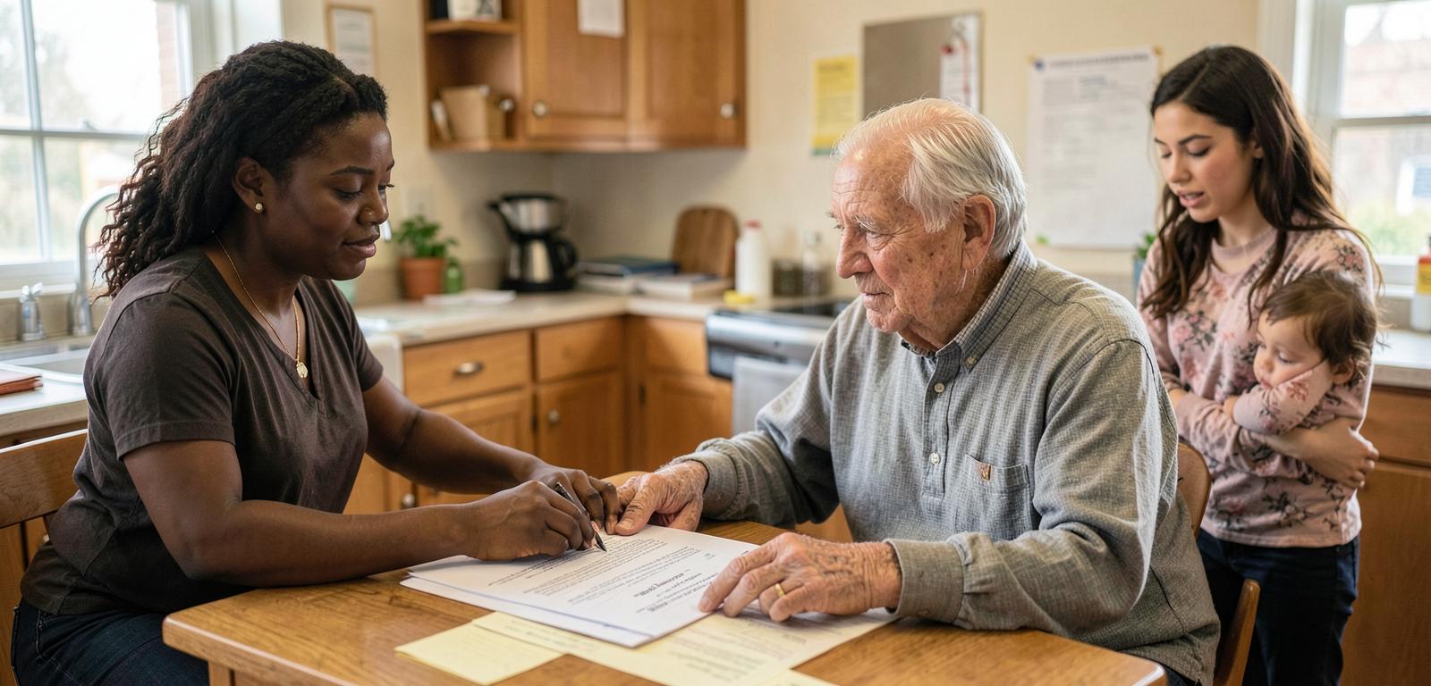 Caseworker helping a senior complete assistance paperwork