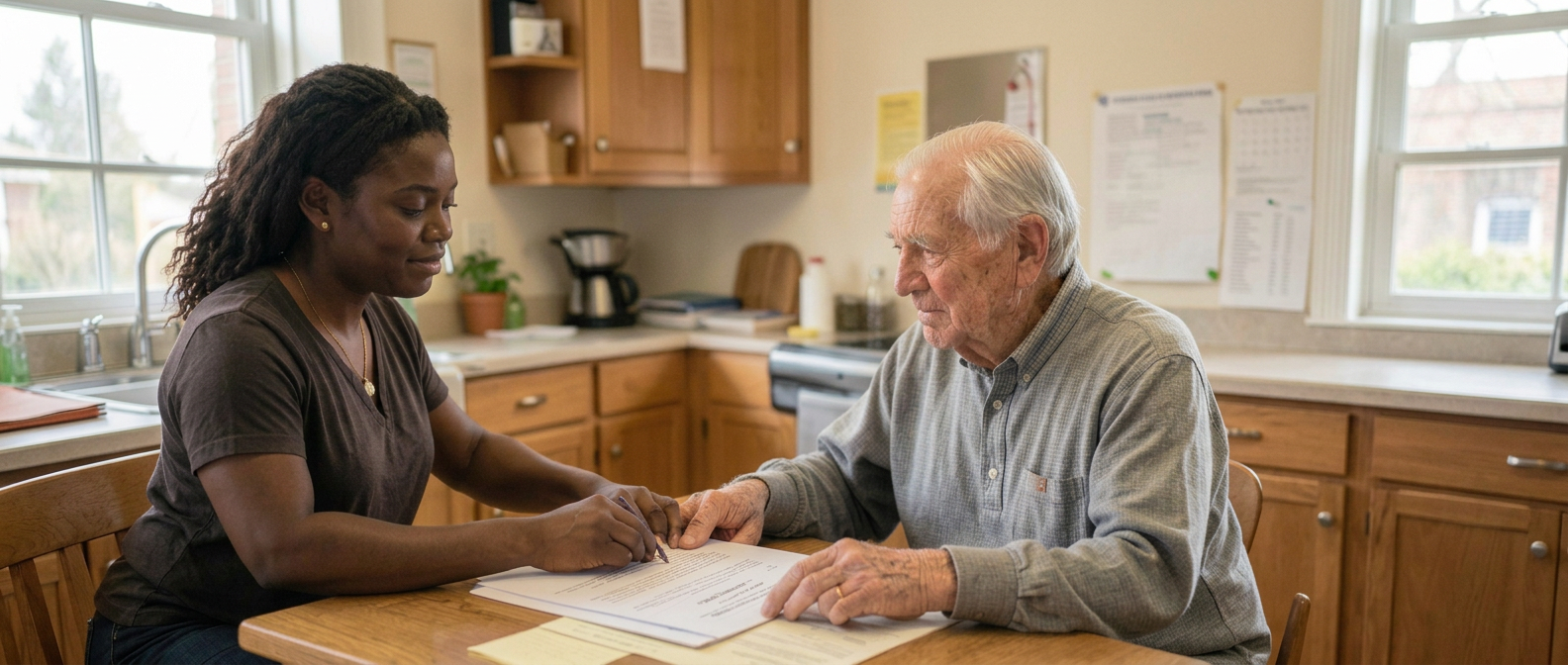Caseworker and senior reviewing assistance paperwork