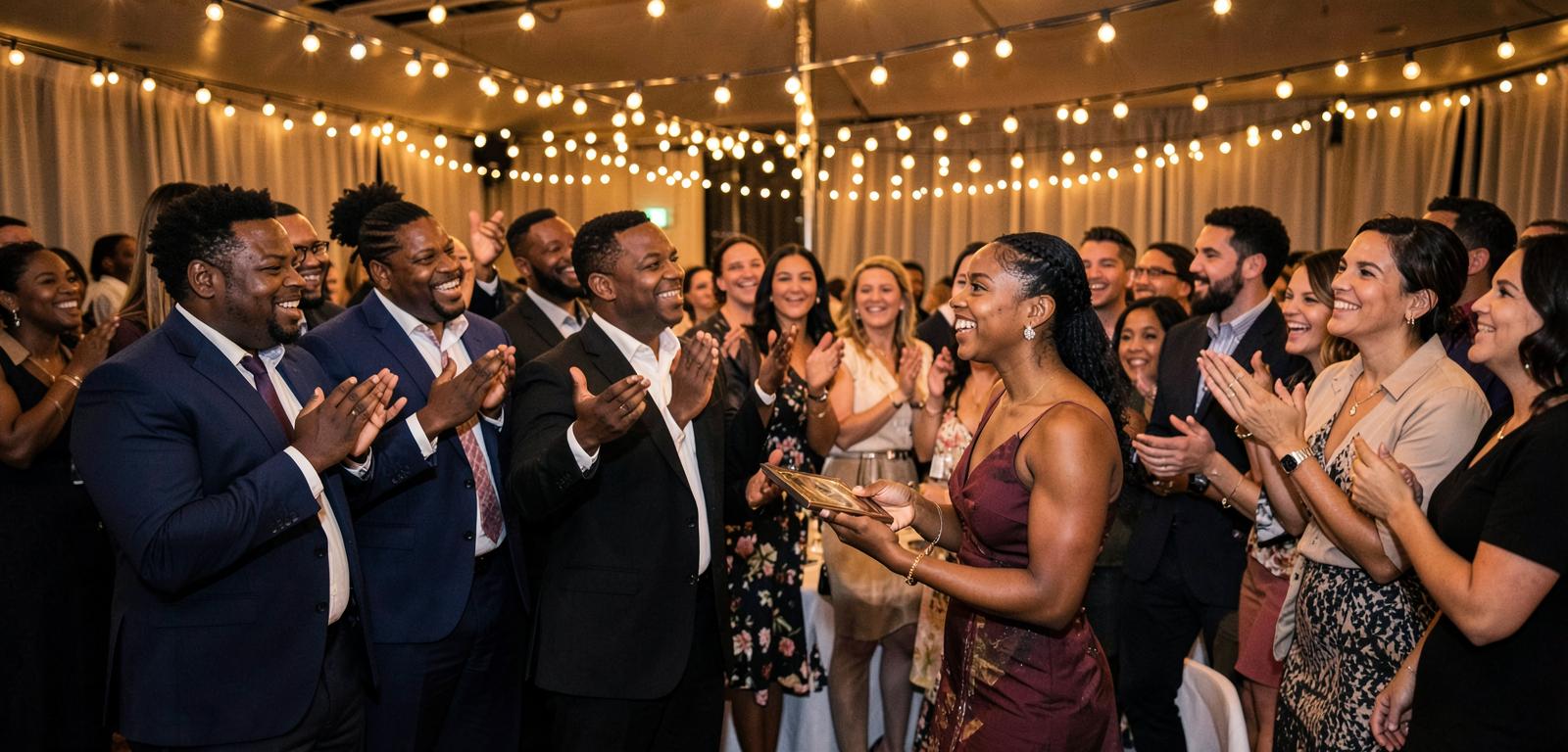Guests celebrating at an awards event with festive lights