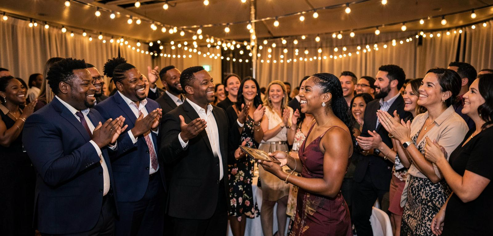 Guests celebrating at an awards event with festive lights