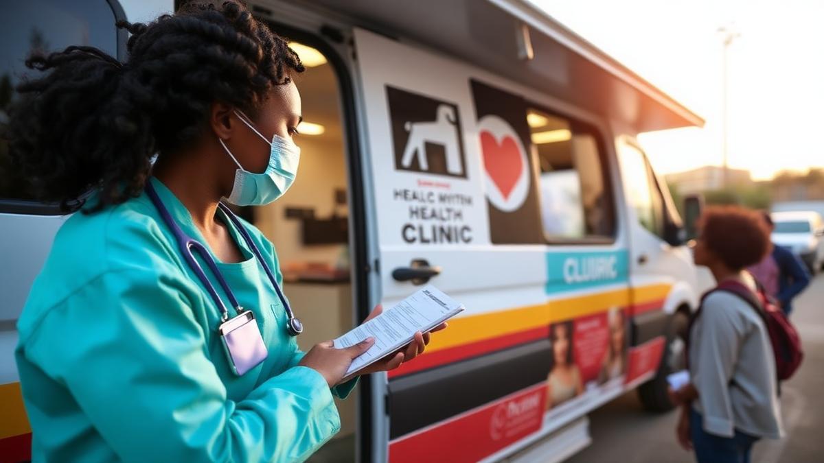 Nurse preparing screenings beside a mobile health clinic van