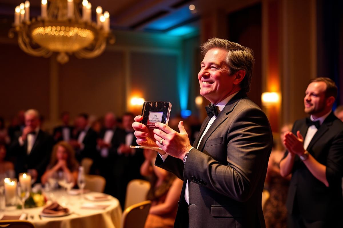 An award recipient holding a glass award on stage at an evening banquet