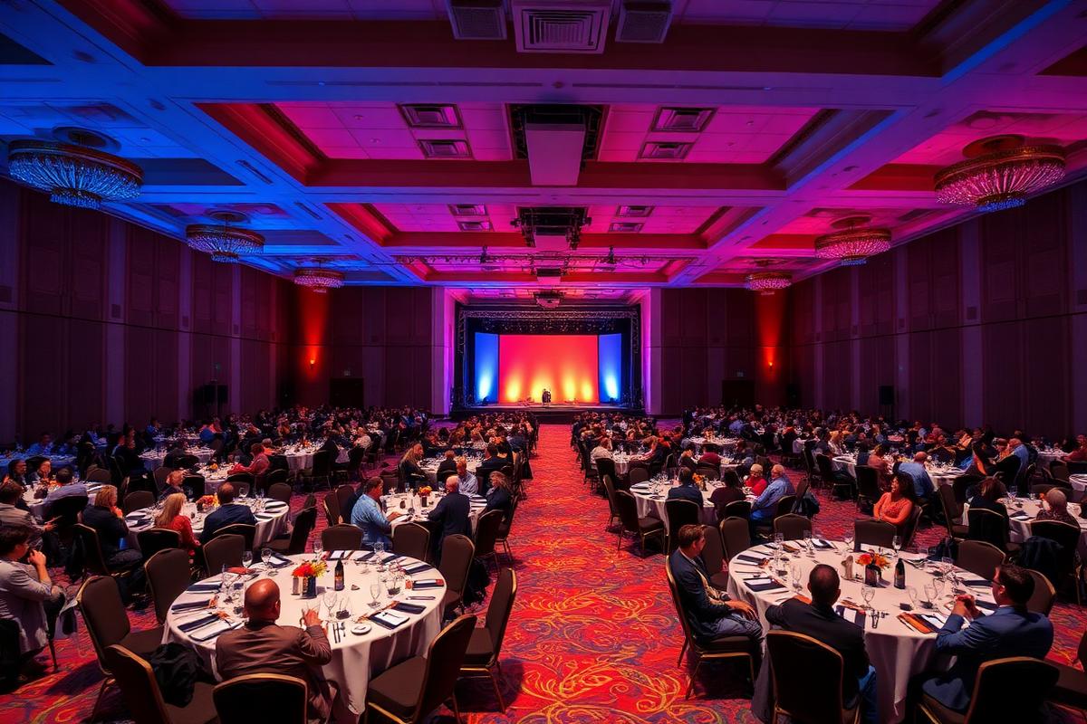 A packed hotel ballroom of conference attendees facing a lit mainstage