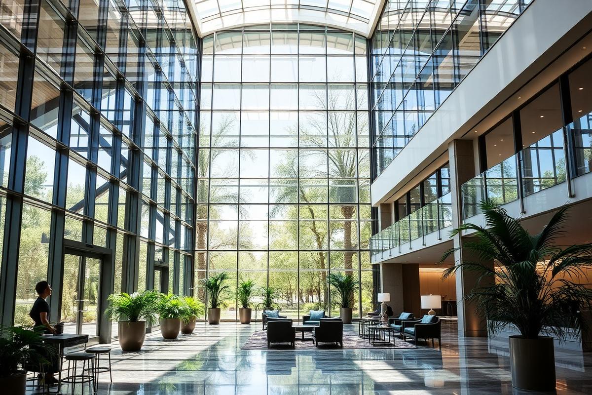 Bright glass atrium lobby of a modern conference hotel