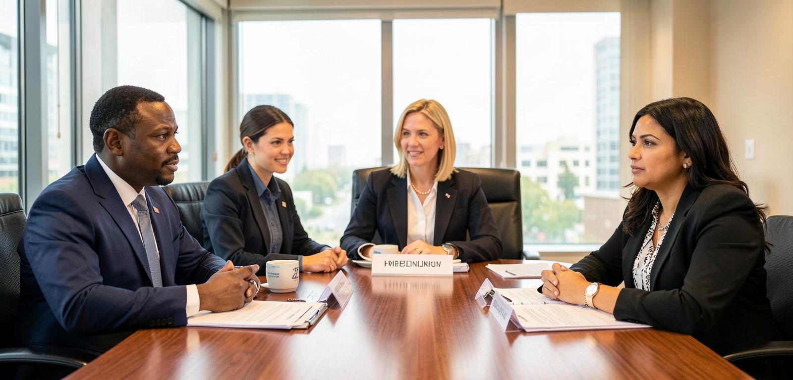 Community Action leaders meeting around a board table