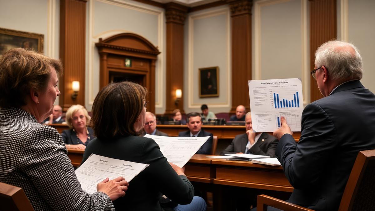 Advocates presenting data charts to legislators in a capitol hearing room