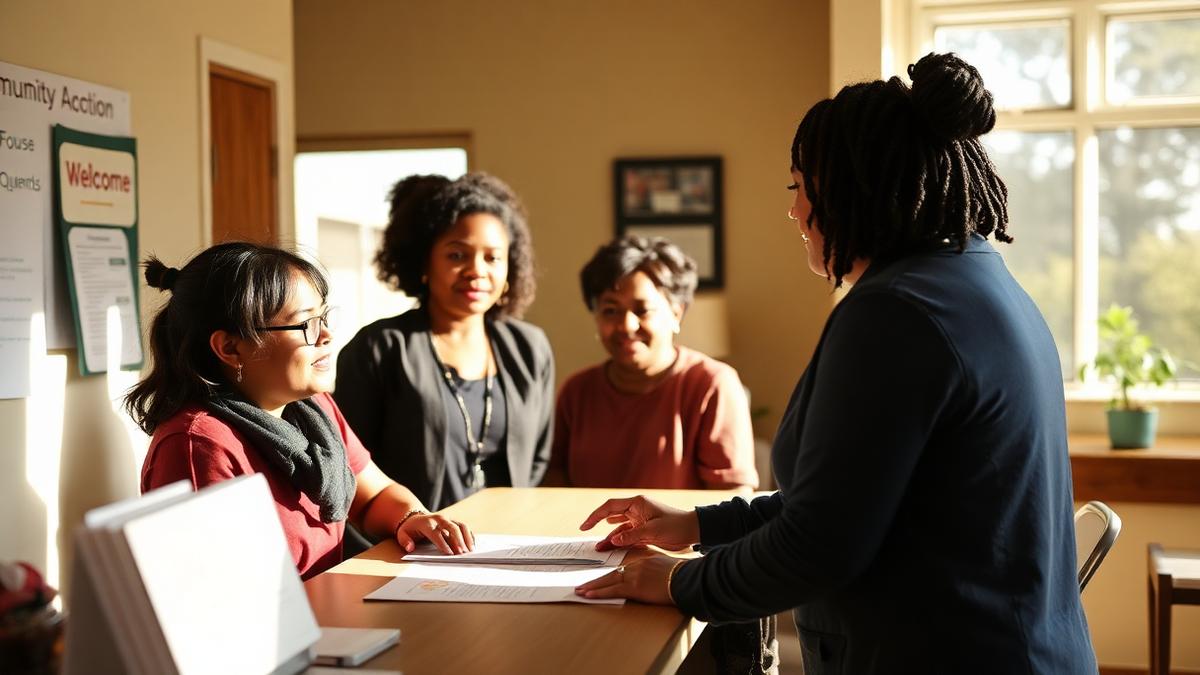 Community Action caseworker helping an Alabama family at an intake desk