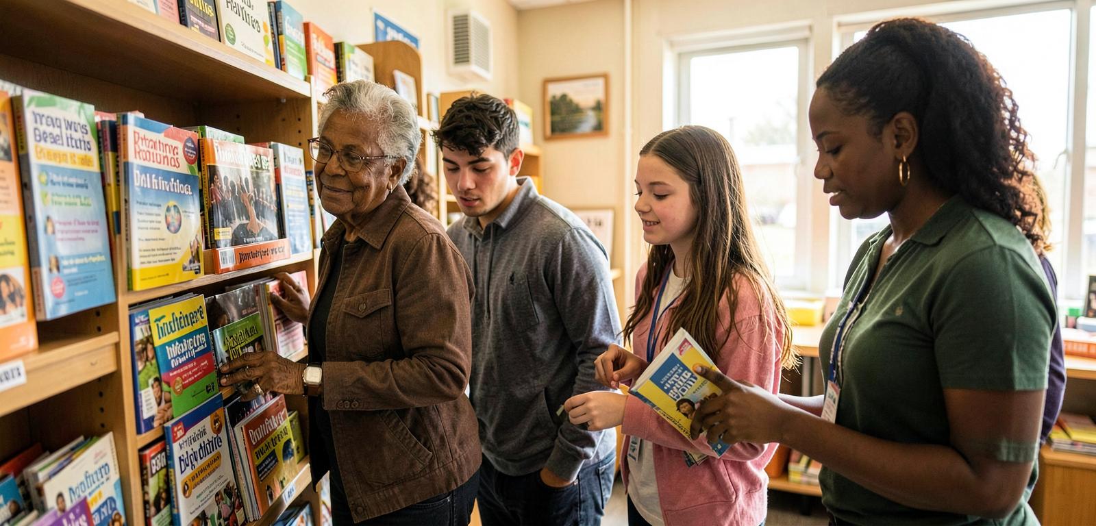 Resource library shelves of books and community program guides