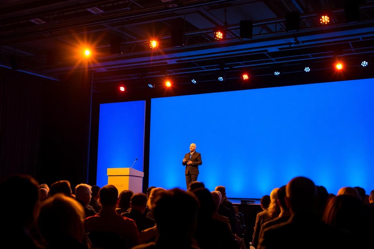A keynote speaker addressing a large seated audience from a stage