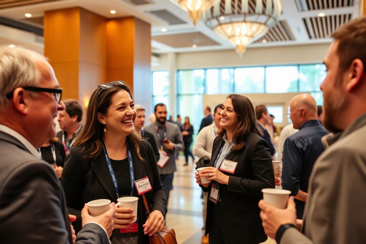 Conference attendees talking in small groups at an evening reception