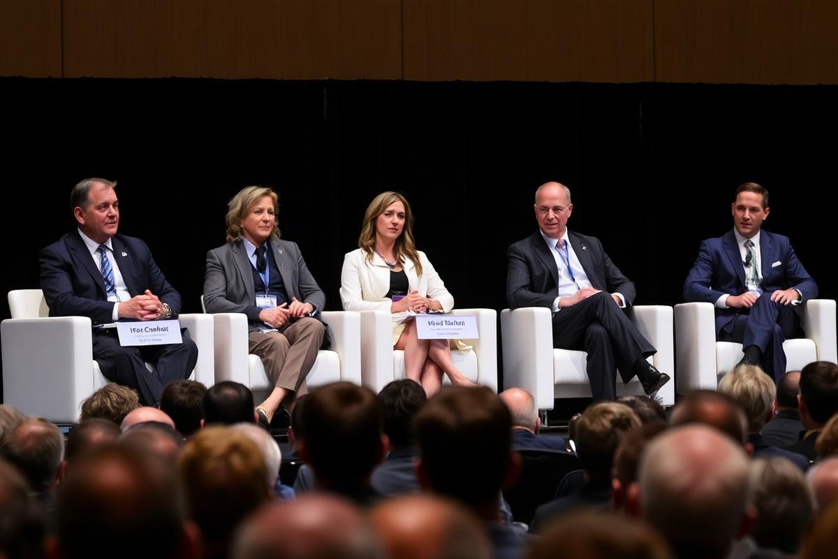 Four panelists seated on stage in conversation with microphones