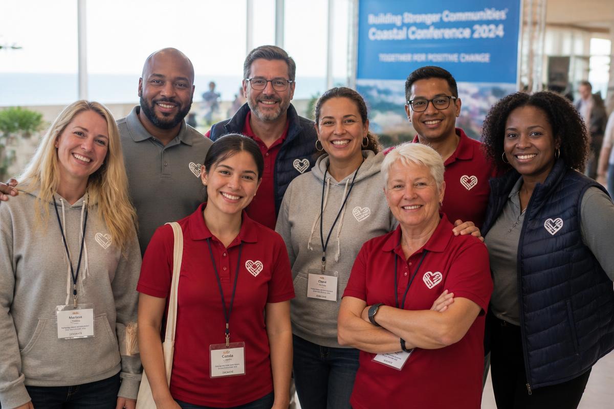 A smiling group of colleagues wearing matching SEACAA conference shirts