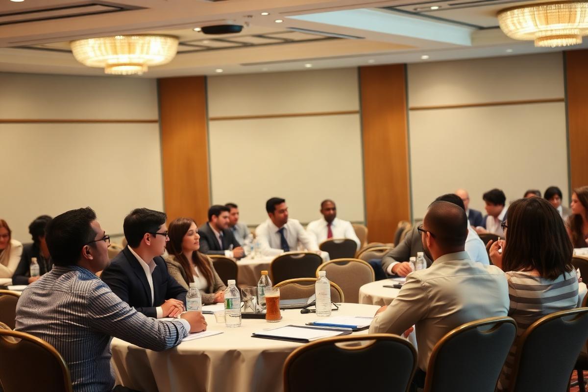 Small group of participants working together at round tables in a workshop