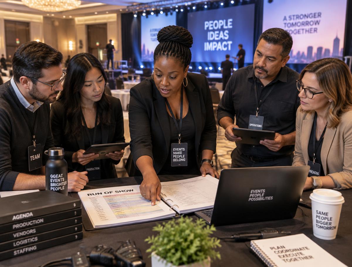 A diverse event planning team led by an African American professional reviewing a conference run-of-show together