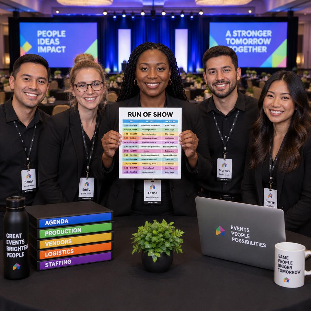 A diverse event planning team led by an African American professional holding up the conference run of show in front of the stage
