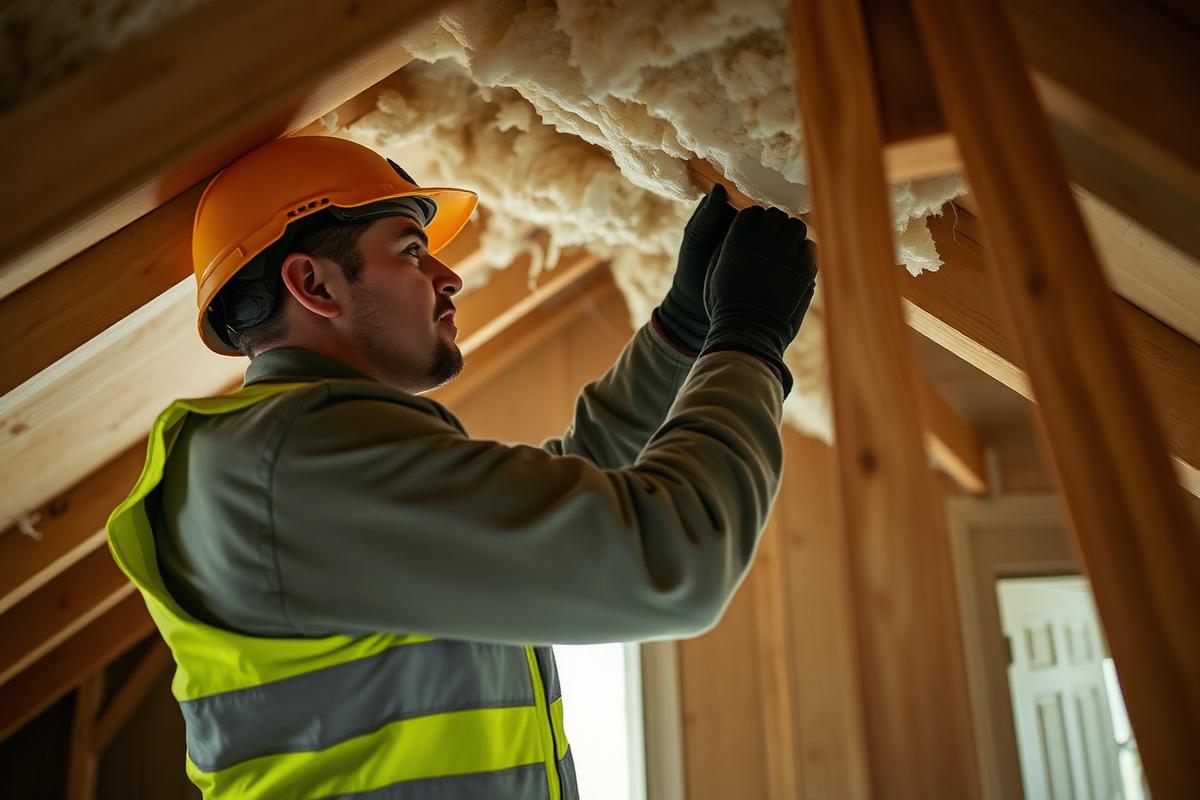 A weatherization crew member in a hard hat and high-visibility vest installing insulation in an attic.