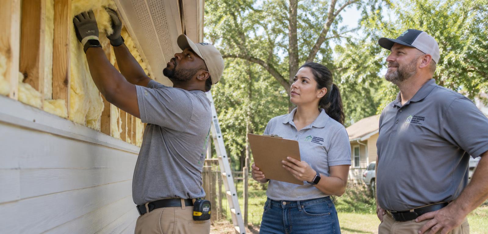 Weatherization worker installing home insulation